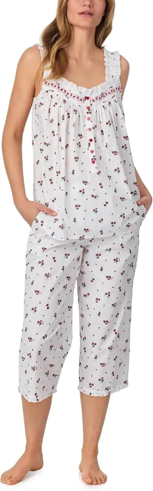 Women's 100% Cotton Woven Lawn & Seersucker 2-Piece Set, Sleeveless Tank with Pintuck Neckline & Capri Pants
