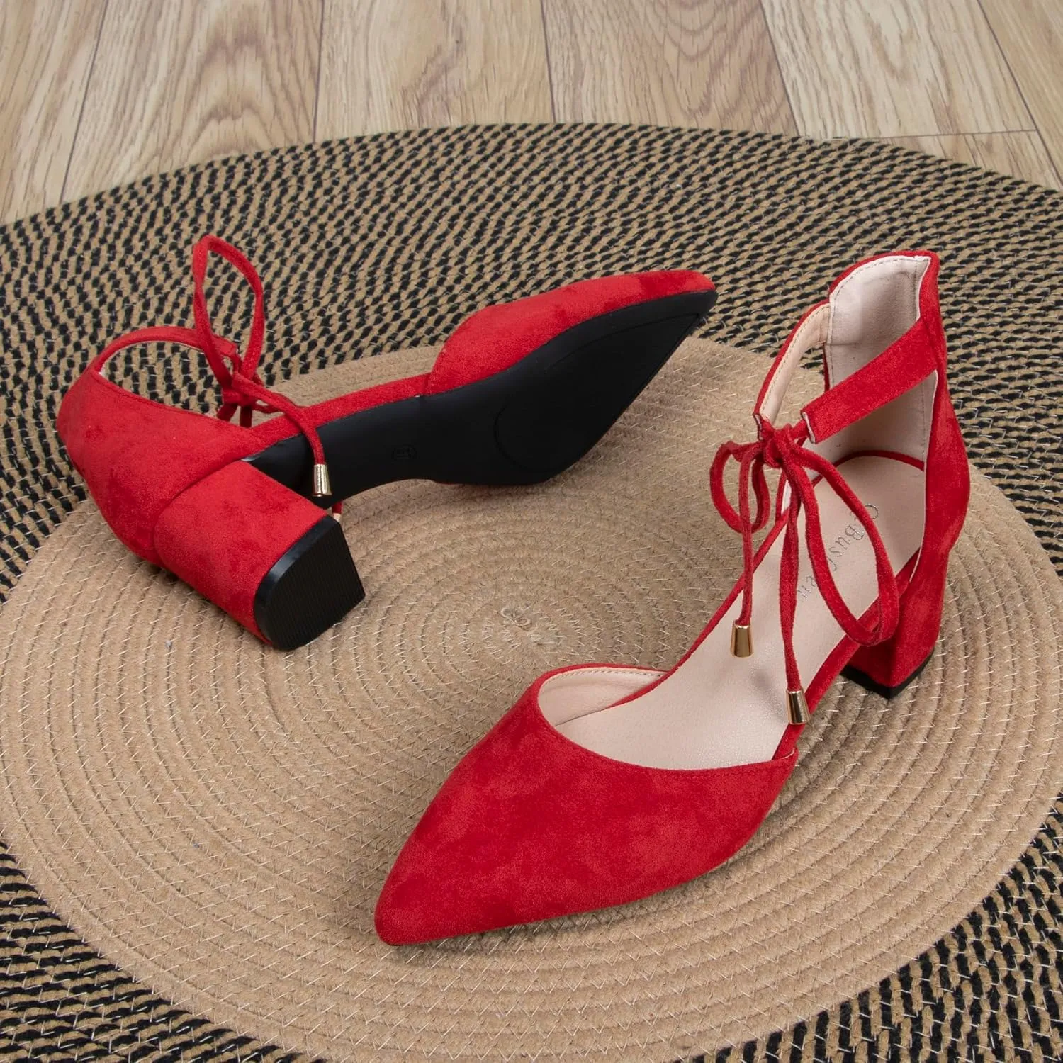 Women's Ankle Strappy Heels Pointed Closed Toe Dressy Suede Pumps with Bow Ladies Wedding Party Comfortable 2 Inch Low Chunky Block D'Orsay Heels