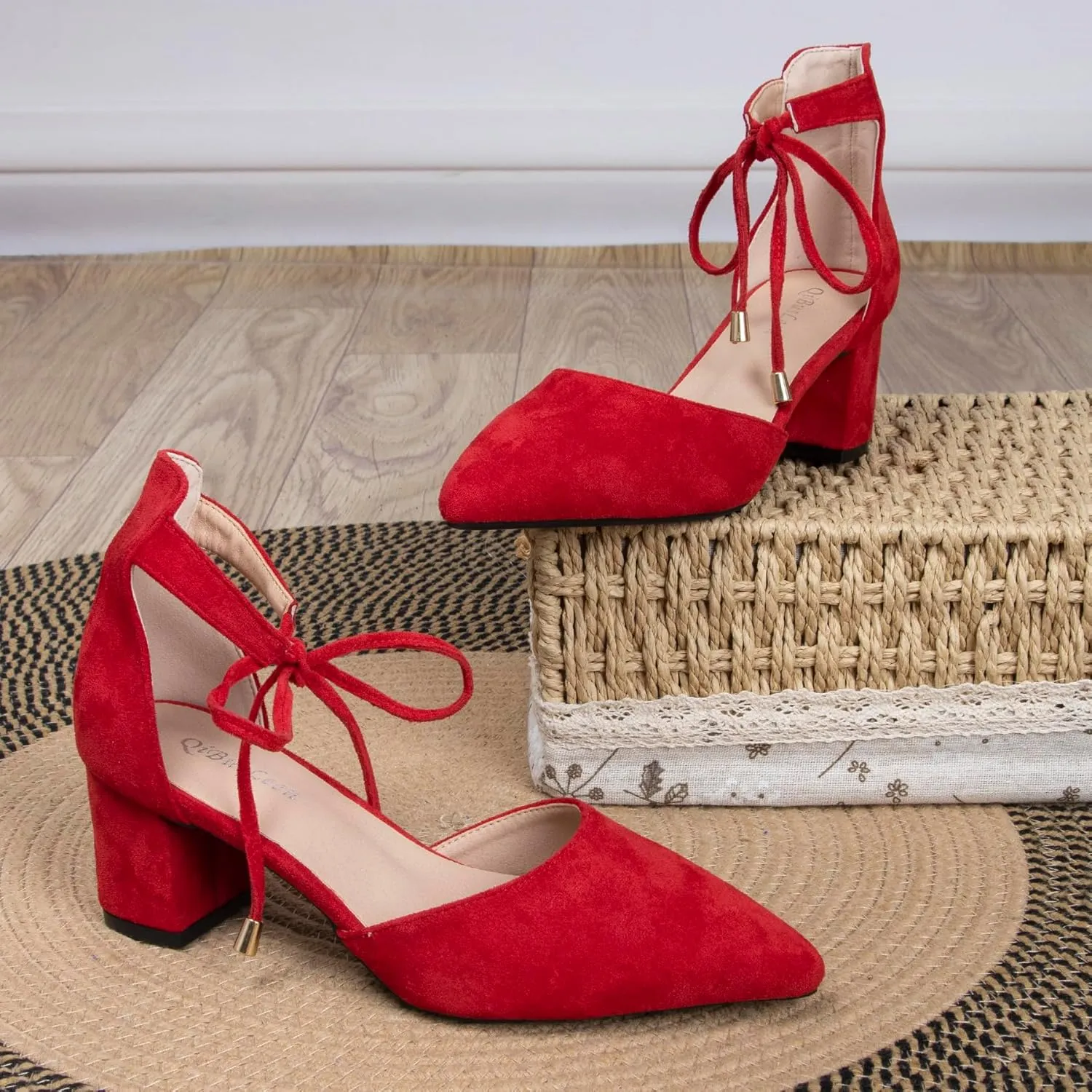 Women's Ankle Strappy Heels Pointed Closed Toe Dressy Suede Pumps with Bow Ladies Wedding Party Comfortable 2 Inch Low Chunky Block D'Orsay Heels