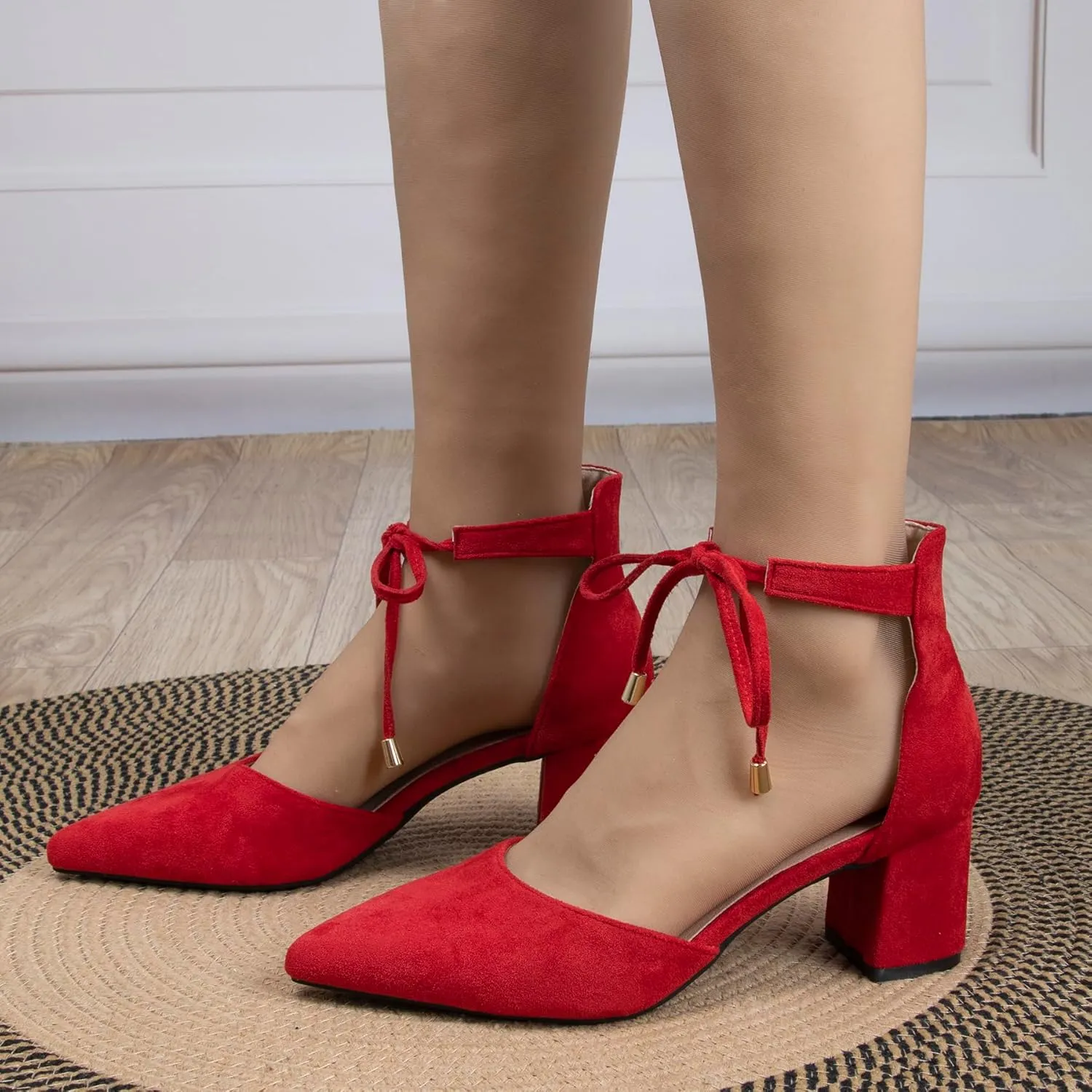 Women's Ankle Strappy Heels Pointed Closed Toe Dressy Suede Pumps with Bow Ladies Wedding Party Comfortable 2 Inch Low Chunky Block D'Orsay Heels