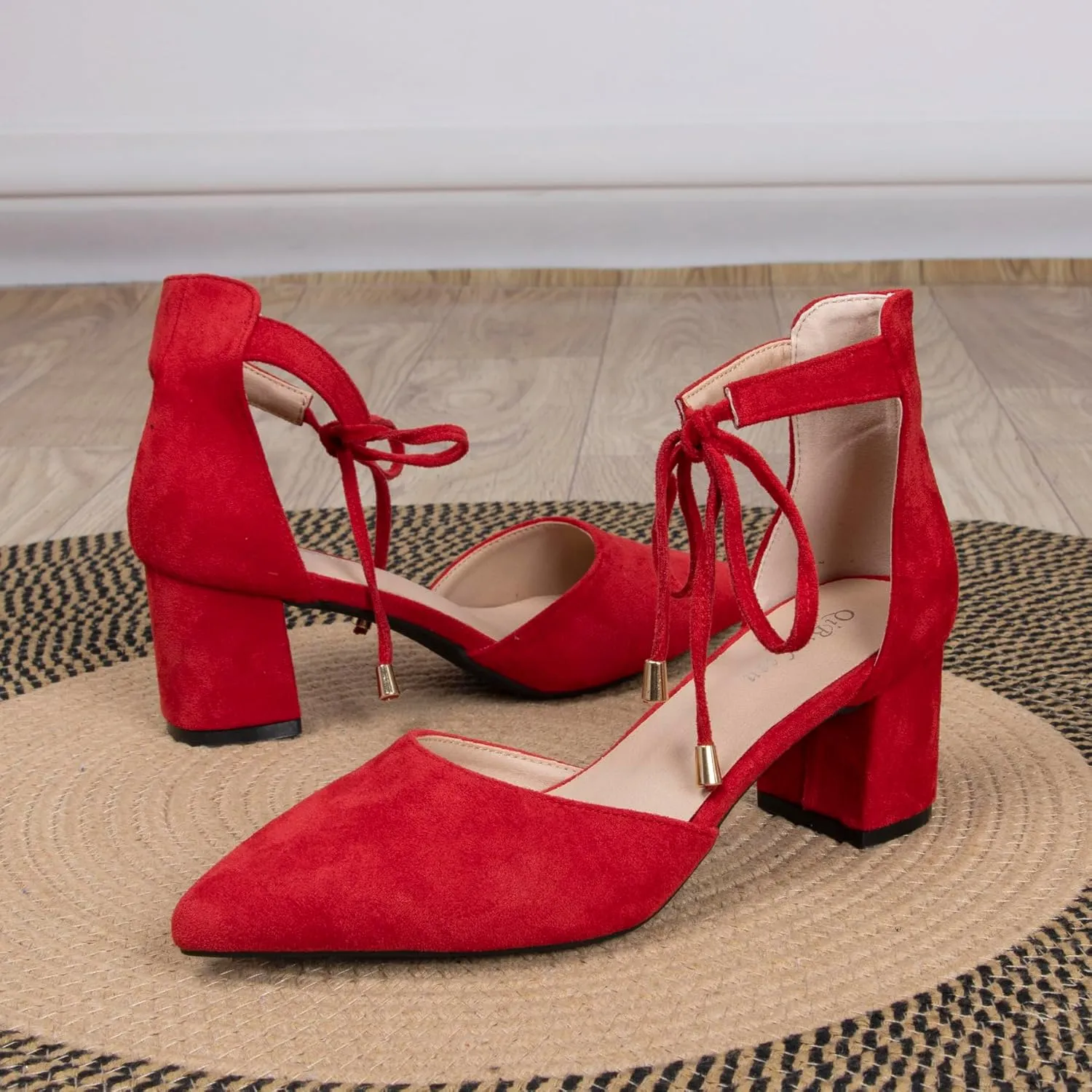 Women's Ankle Strappy Heels Pointed Closed Toe Dressy Suede Pumps with Bow Ladies Wedding Party Comfortable 2 Inch Low Chunky Block D'Orsay Heels