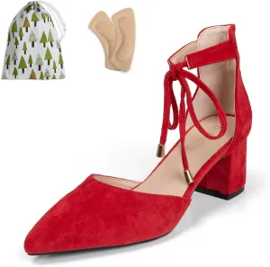 Women's Ankle Strappy Heels Pointed Closed Toe Dressy Suede Pumps with Bow Ladies Wedding Party Comfortable 2 Inch Low Chunky Block D'Orsay Heels