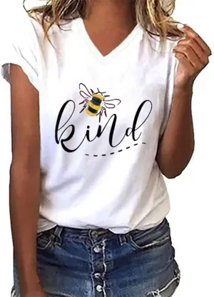Womens Be Kind Graphic Tees V Neck Cute Printed Summer Casual T Shirts Tops