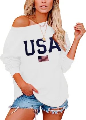 Womens Holiday Off the Shoulder Long Sleeve Loose Slouchy Sweatshirt Pullover Letter Printed Tops