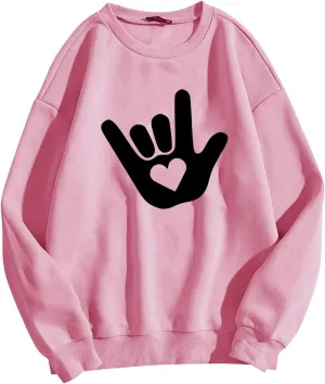Women's Love Heart Sweatshirt Casual Love Heart Graphic Shirt Round Neck Pullover Cute Tops Long Sleeve Hoodie