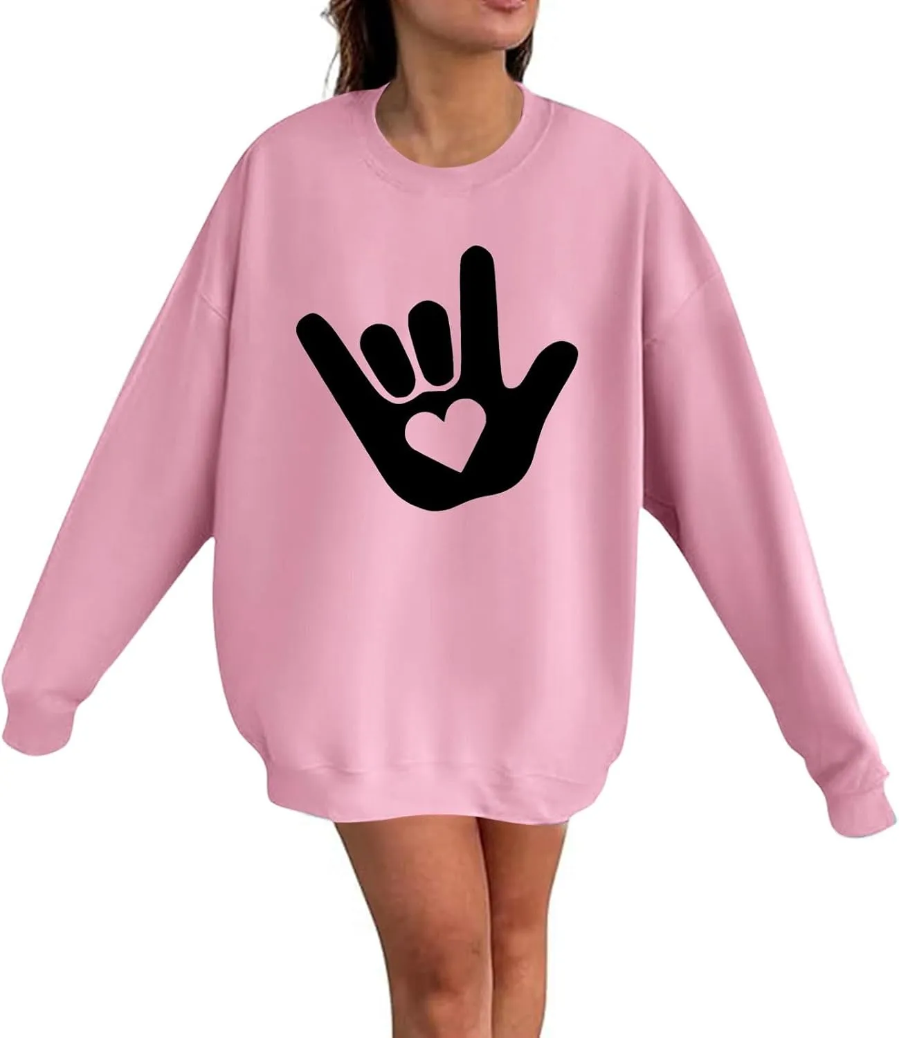Women's Love Heart Sweatshirt Casual Love Heart Graphic Shirt Round Neck Pullover Cute Tops Long Sleeve Hoodie