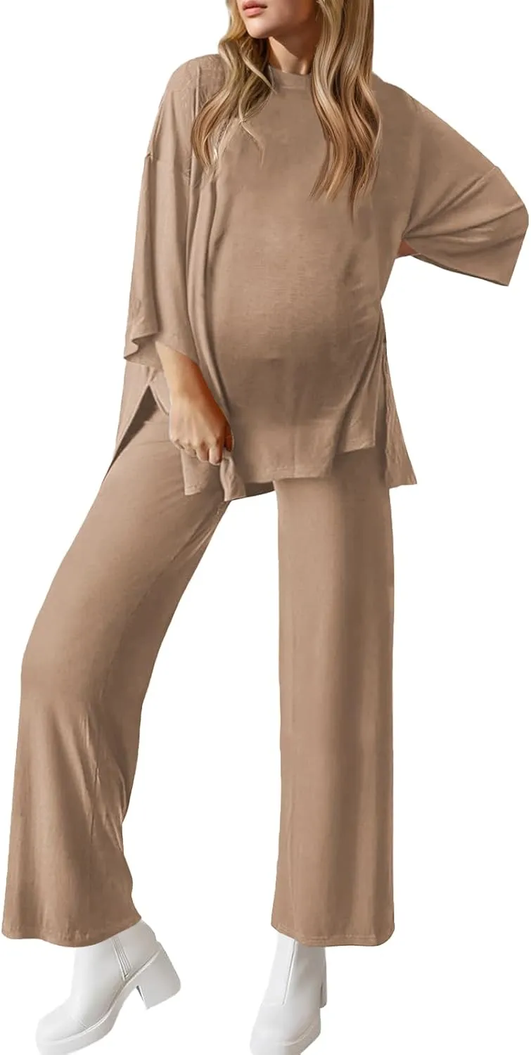 Womens Maternity Pajamas Sets 2 Piece Outfits Long Sleeve Tops and Pregnancy Loungewear Mama Clothes with Pockets
