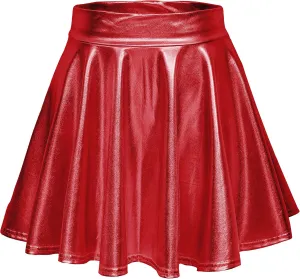 Women's Shiny Metallic Wet Look Stretchy Flared Mini Skater Skirt