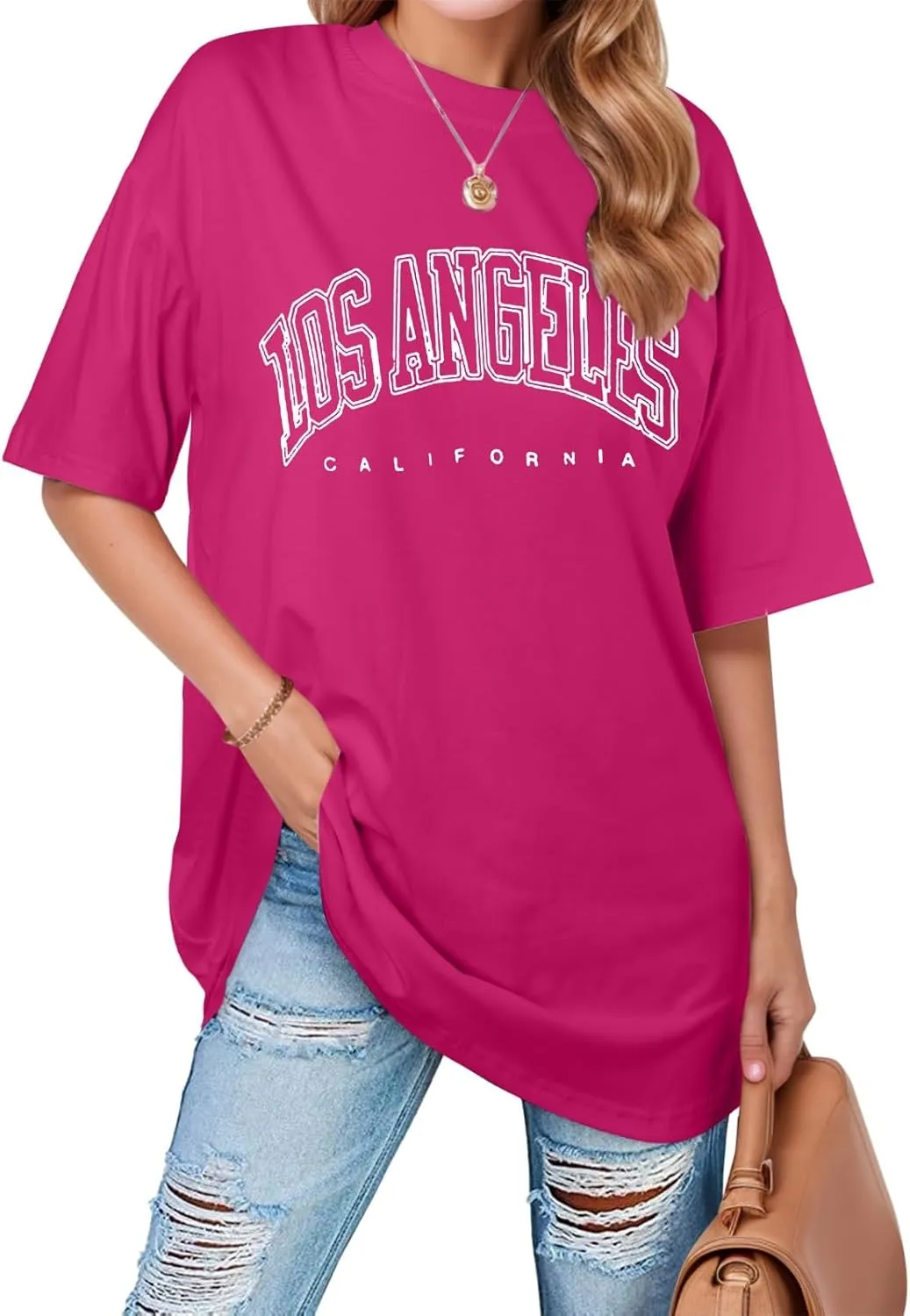 Womens Summer Los Angeles California Tees Shirts 2025 Half Sleeve Cute Loose Fit Tops Going Out Letter Print Casual