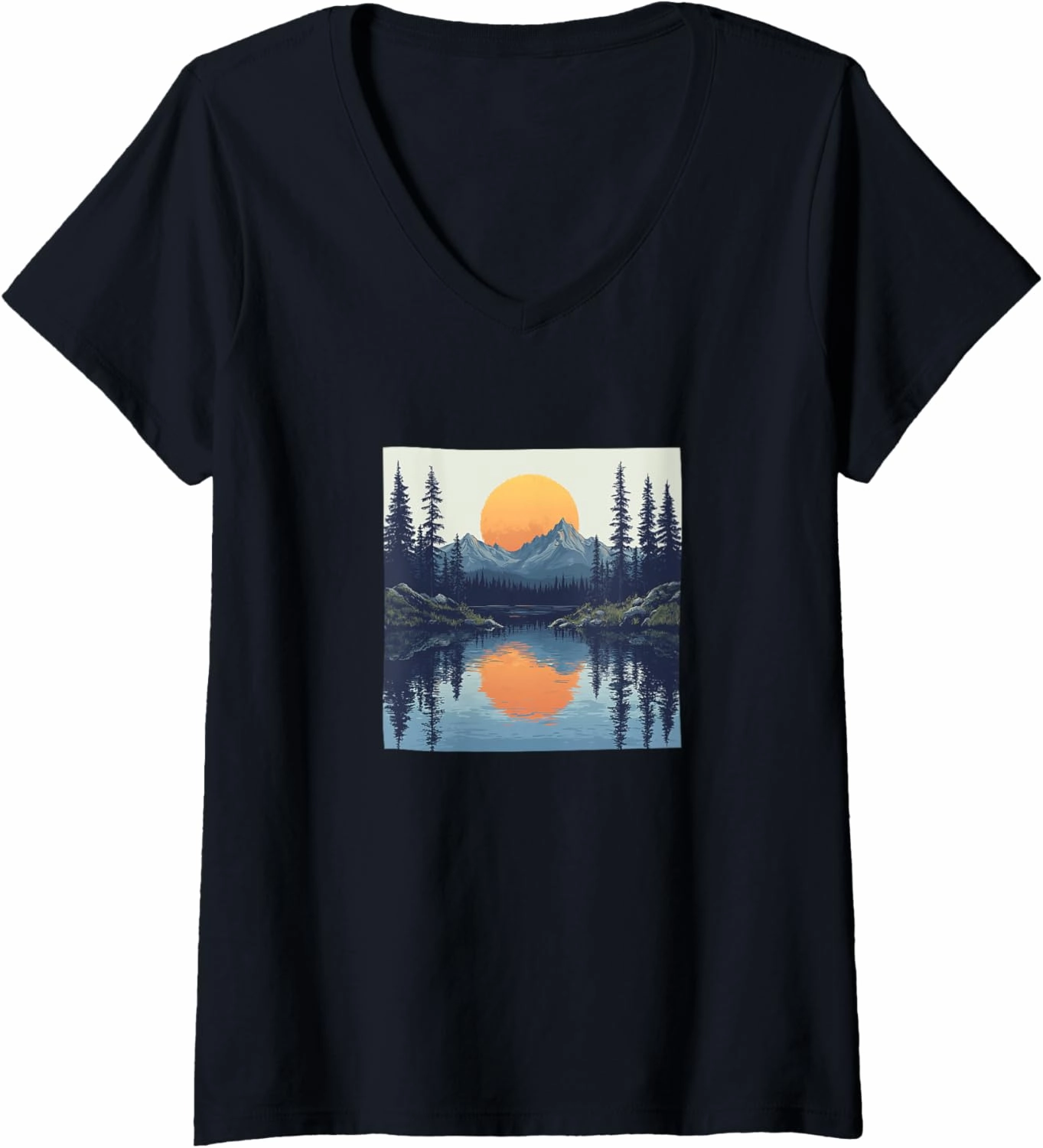 Womens Alpine Lake Vintage Landscape Graphic V-Neck T-Shirt