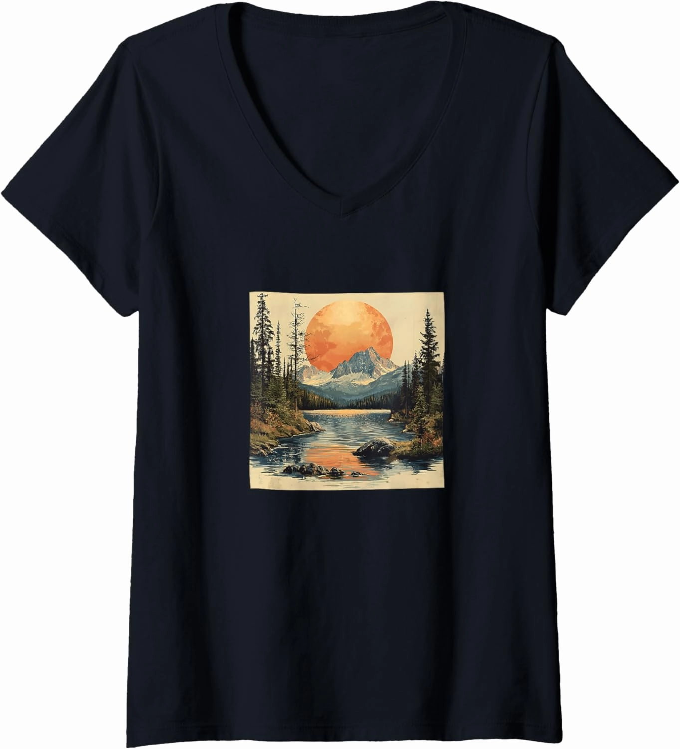 Womens Alpine Lake Vintage Landscape Graphic V-Neck T-Shirt