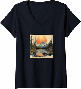 Womens Alpine Lake Vintage Landscape Graphic V-Neck T-Shirt