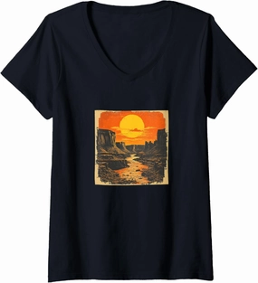 Womens Canyon With River Vintage Landscape Graphic V-Neck T-Shirt