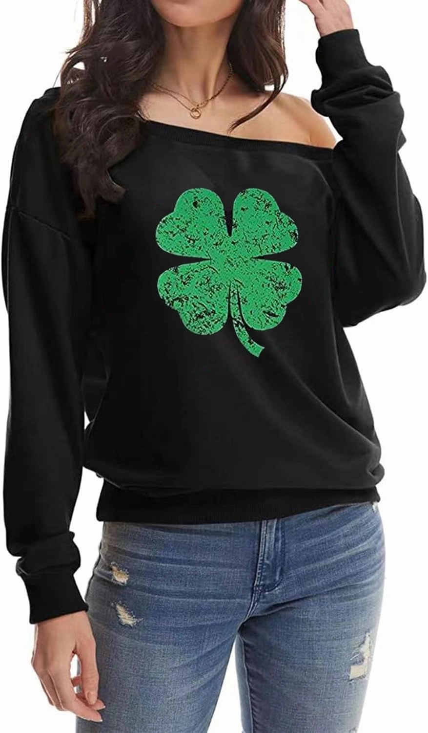 Womens Holiday Off the Shoulder Long Sleeve Loose Slouchy Sweatshirt Pullover Letter Printed Tops