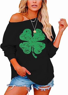 Womens Holiday Off the Shoulder Long Sleeve Loose Slouchy Sweatshirt Pullover Letter Printed Tops