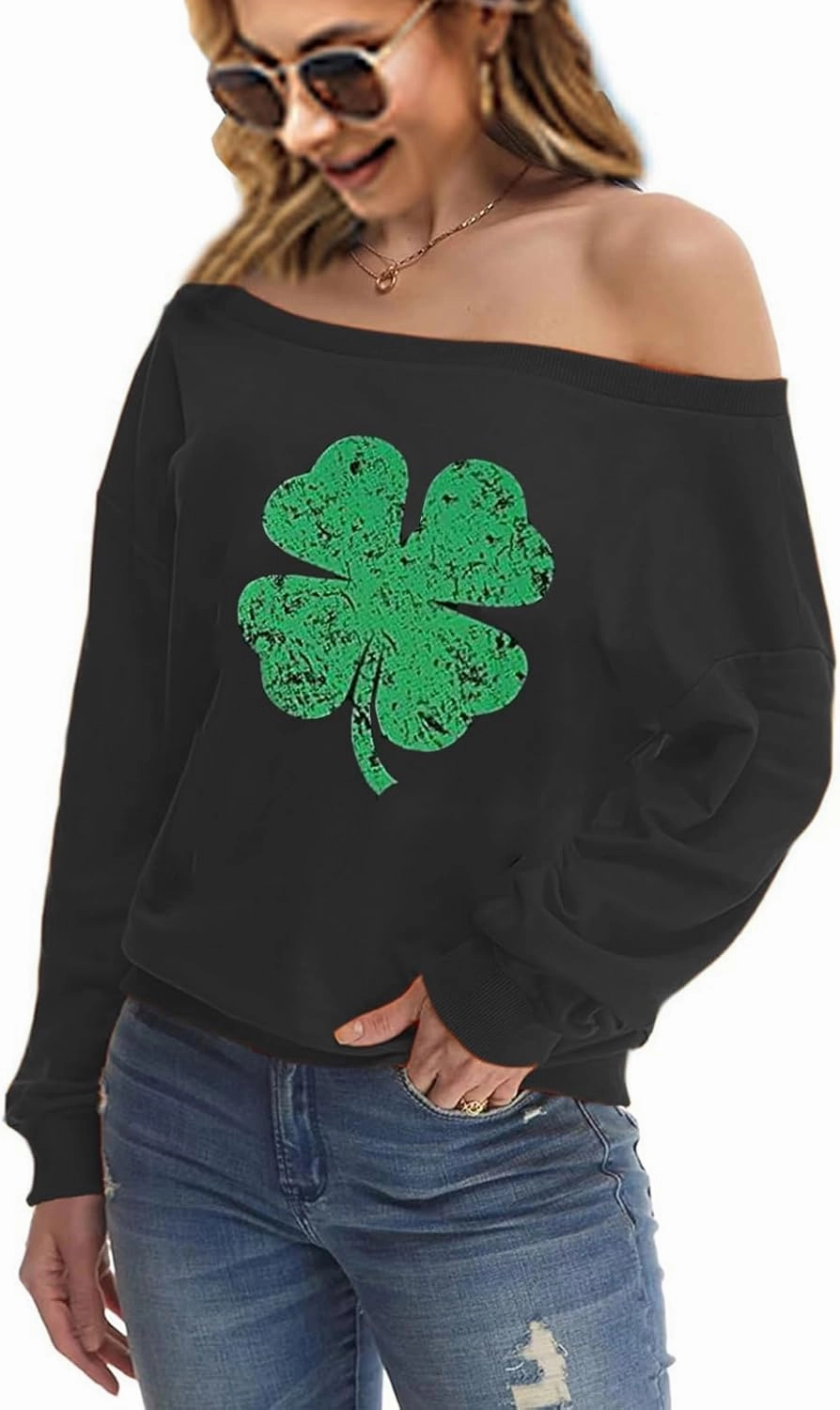 Womens Holiday Off the Shoulder Long Sleeve Loose Slouchy Sweatshirt Pullover Letter Printed Tops