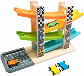 Wood City Wooden Car Ramp Racer Toy Vehicle Set with 4 Mini Cars & Race Tracks, Toddler Toys for 1 2 3 Years Old, Montessori Cars Toys Birthday Gift for Kids Boys and Girls