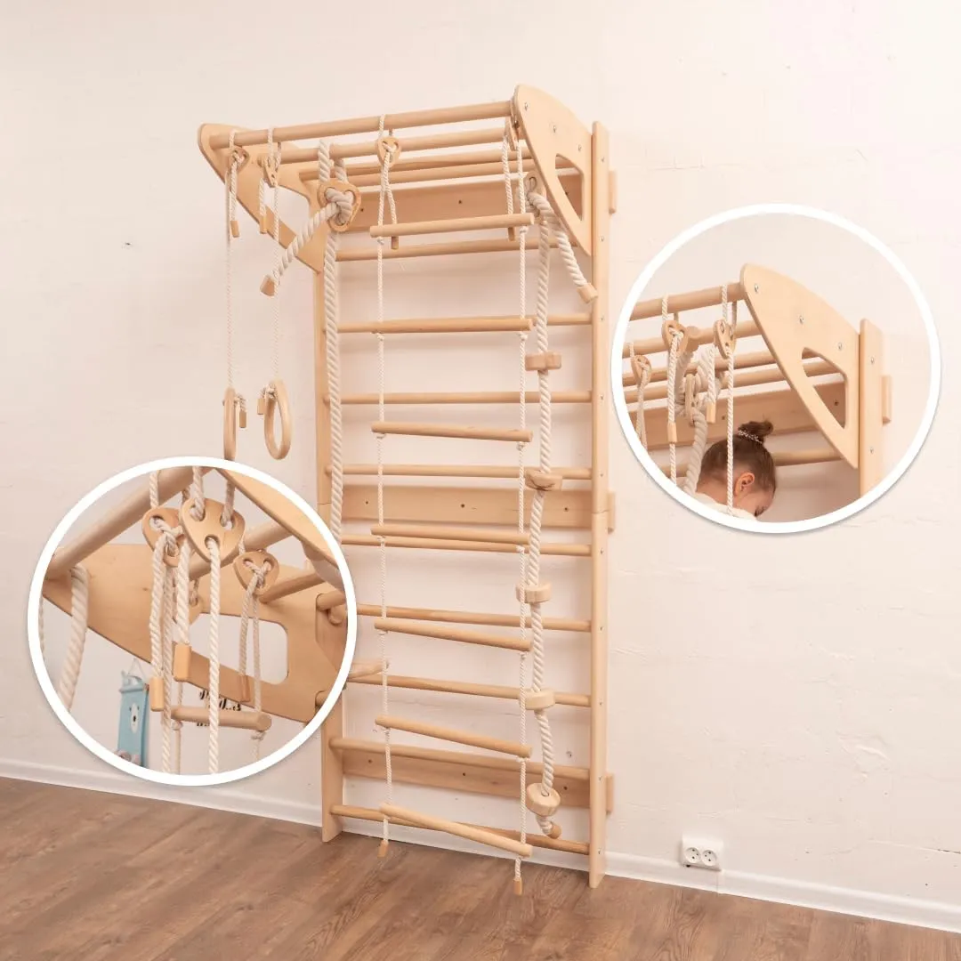 Woodandhearts Swedish Ladder for Kids with Rope Accessories - Indoor Jungle Gym, Indoor Jungle Gym for Kids Ages 6-16, Indoor Climbing Gym (Swedish Ladder of 2 Parts)