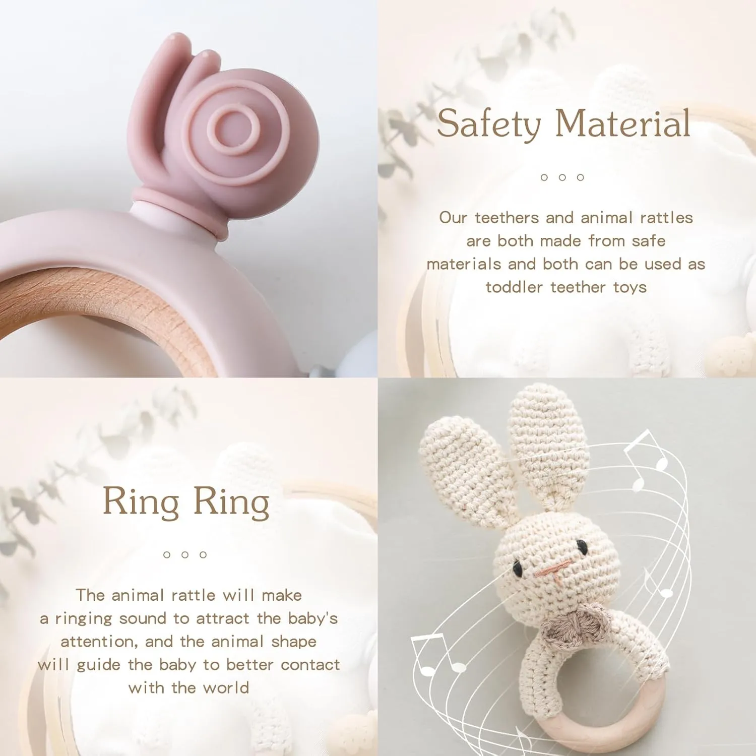 Wooden Baby Rattle Crochet Bunny and Ring Teether Set | Handmade Crochet Rattle Newborn Toy with Teether Ring | Animal Rattles for Boys and Girls | Baby Teether Toy