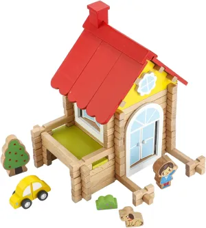 Wooden Doll House, 98 Pieces Log Cabin Building Blocks Construction Set to Develop Motor Skills and Creativity for Toddlers Ages 3 