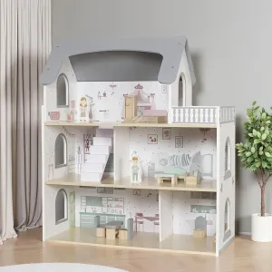 Wooden Dream Playhouse with Balcony, Doll House for Kids with Furniture, DIY Pretend Dolls Play House Toy, Girls Dollhouses Toys with 12 PCS Accessories, Birthday Gifts for Boys & Girls Ages 3 
