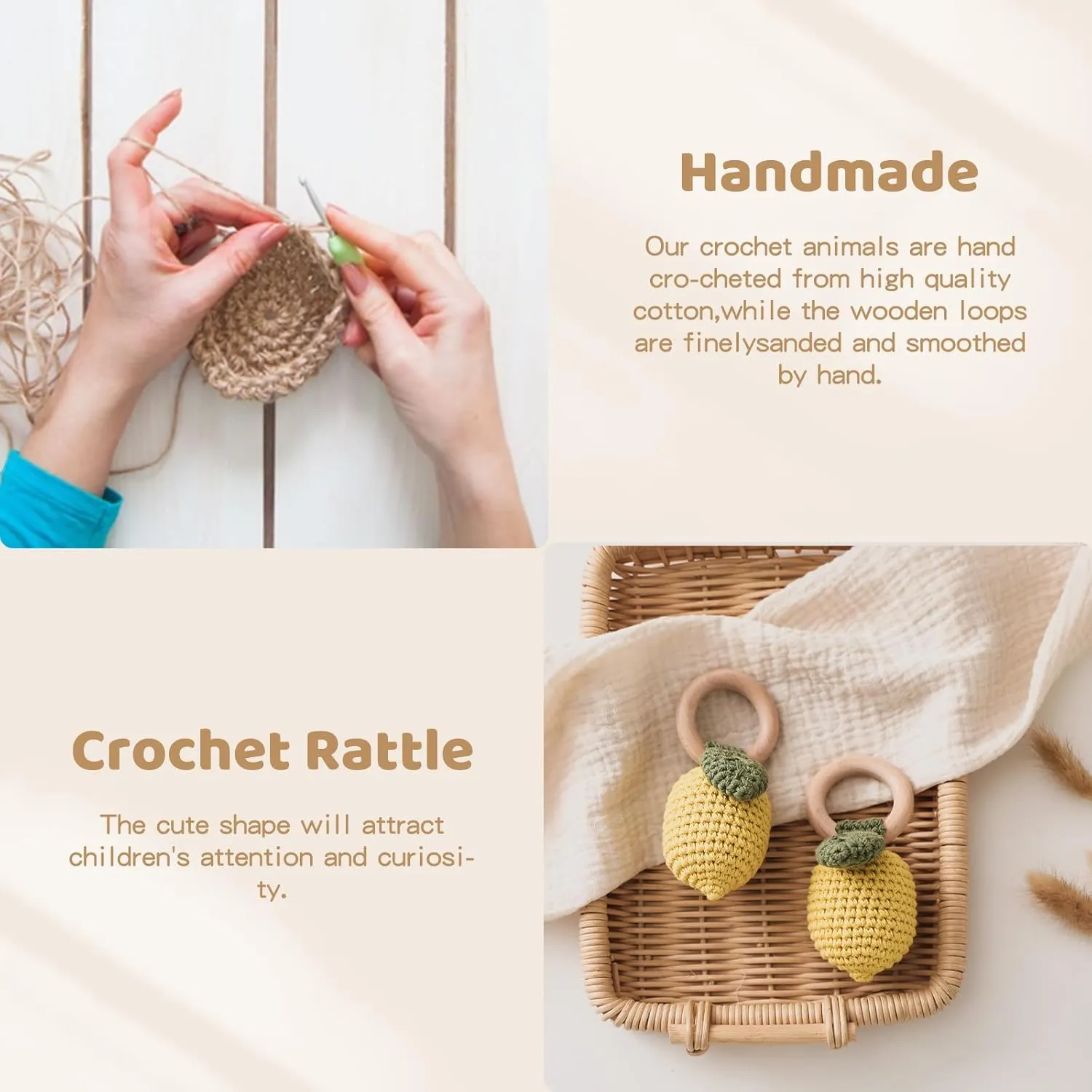 WOODEN TEETHER Crochet Baby Rattle, Crochet Baby Toys, Organic Wooden Newborn Toys, Newborn Animal Rattle Toys，Knitted Stuffed Animals Gifts for Baby, Lemon