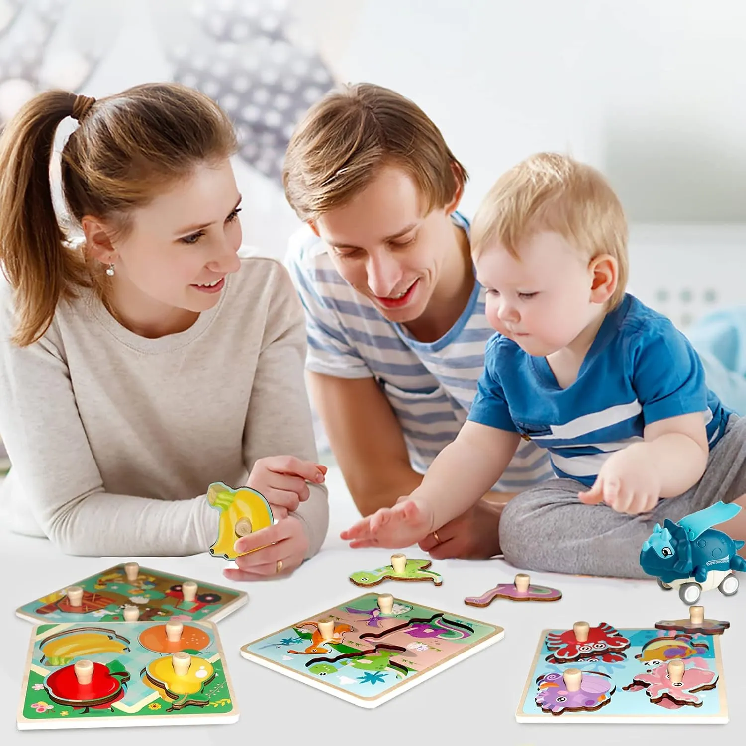 Wooden Toddler Puzzles - 4 Pcs Eco-Friendly Animal Patterns Jigsaw With Handles - Infant Kid Fine Motor Skill Learning Educational Montessori Toys for 1-3 Years Old