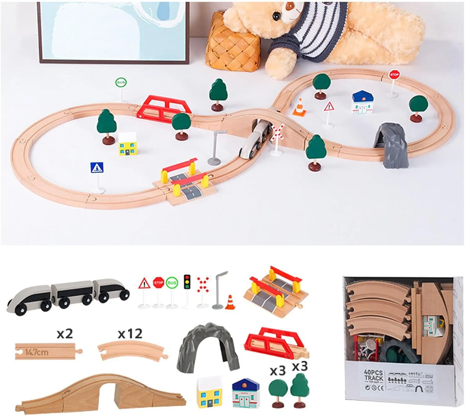 Wooden Trains Track,Wooden Trains Tracks Trains Toys,Expansion Pack with Bridge Compatibility Expandable Early Learning Wooden Toy Trains Set for Kids (Single Hole Bridge Track)