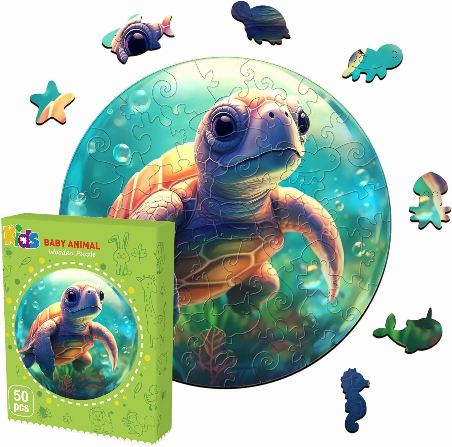 Wooden Puzzles for Kids Ages 4-8, Sea Turtle Puzzle, Unique Animal Shaped Wooden Jigsaw Puzzles for Kids, 50 Pieces Puzzles for Kids(50pcs,11.4 * 11.4in)