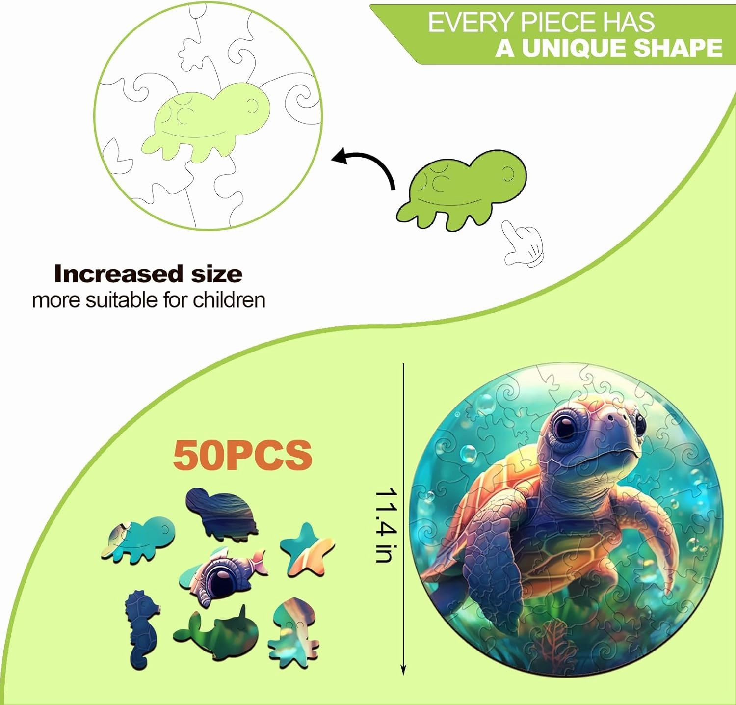 Wooden Puzzles for Kids Ages 4-8, Sea Turtle Puzzle, Unique Animal Shaped Wooden Jigsaw Puzzles for Kids, 50 Pieces Puzzles for Kids(50pcs,11.4 * 11.4in)