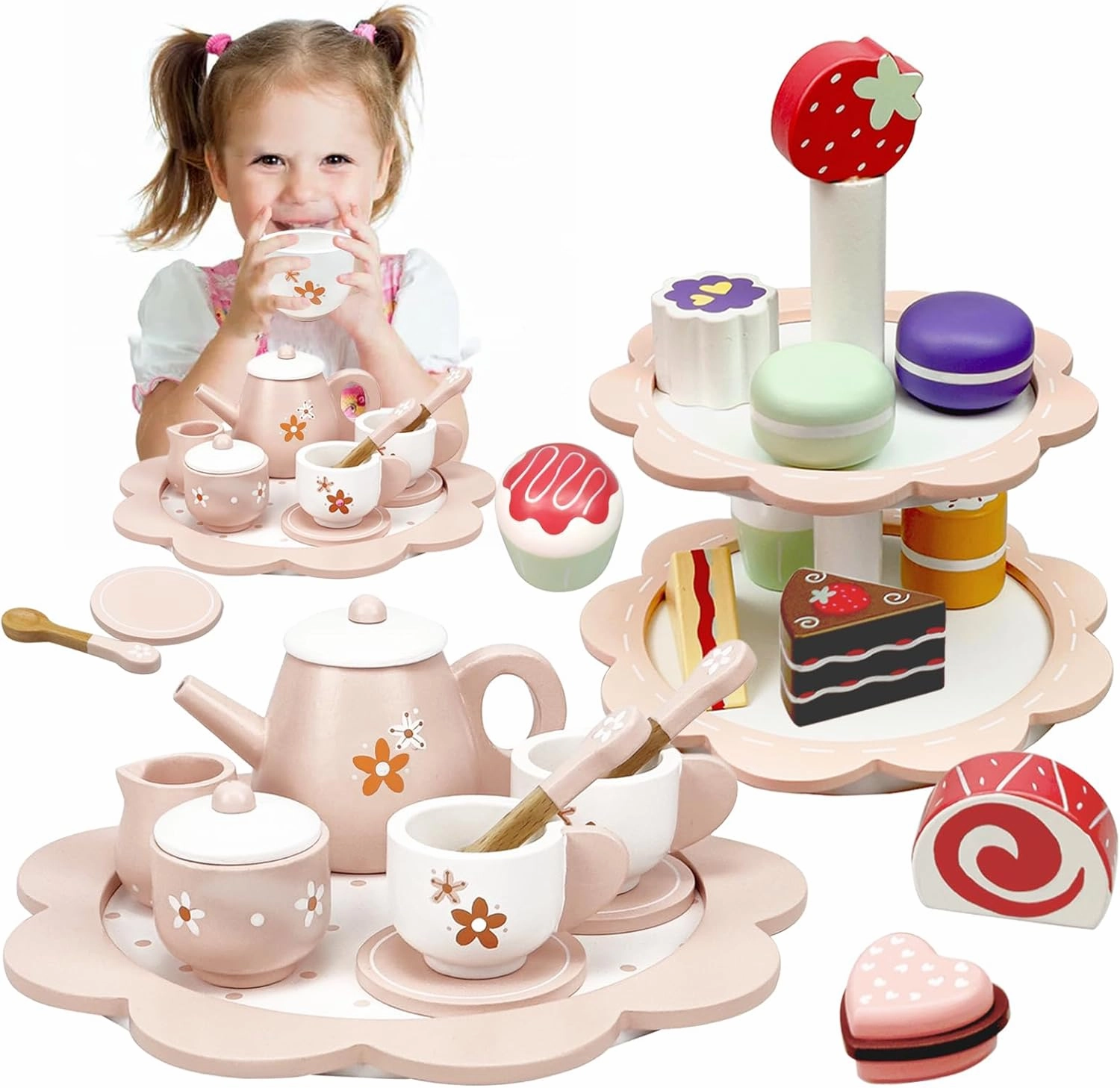 Wooden Tea Party Set for Little Girls, 25Pcs Wooden Tea Set with Play Food Dessert Cakes and Cake Stand for Toddler, Wooden Pretend Play Tea Set Toys for Toddlers 2 3 4 5 6 Years Old Birthday Gift