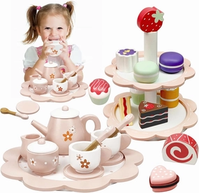 Wooden Tea Party Set for Little Girls, 25Pcs Wooden Tea Set with Play Food Dessert Cakes and Cake Stand for Toddler, Wooden Pretend Play Tea Set Toys for Toddlers 2 3 4 5 6 Years Old Birthday Gift