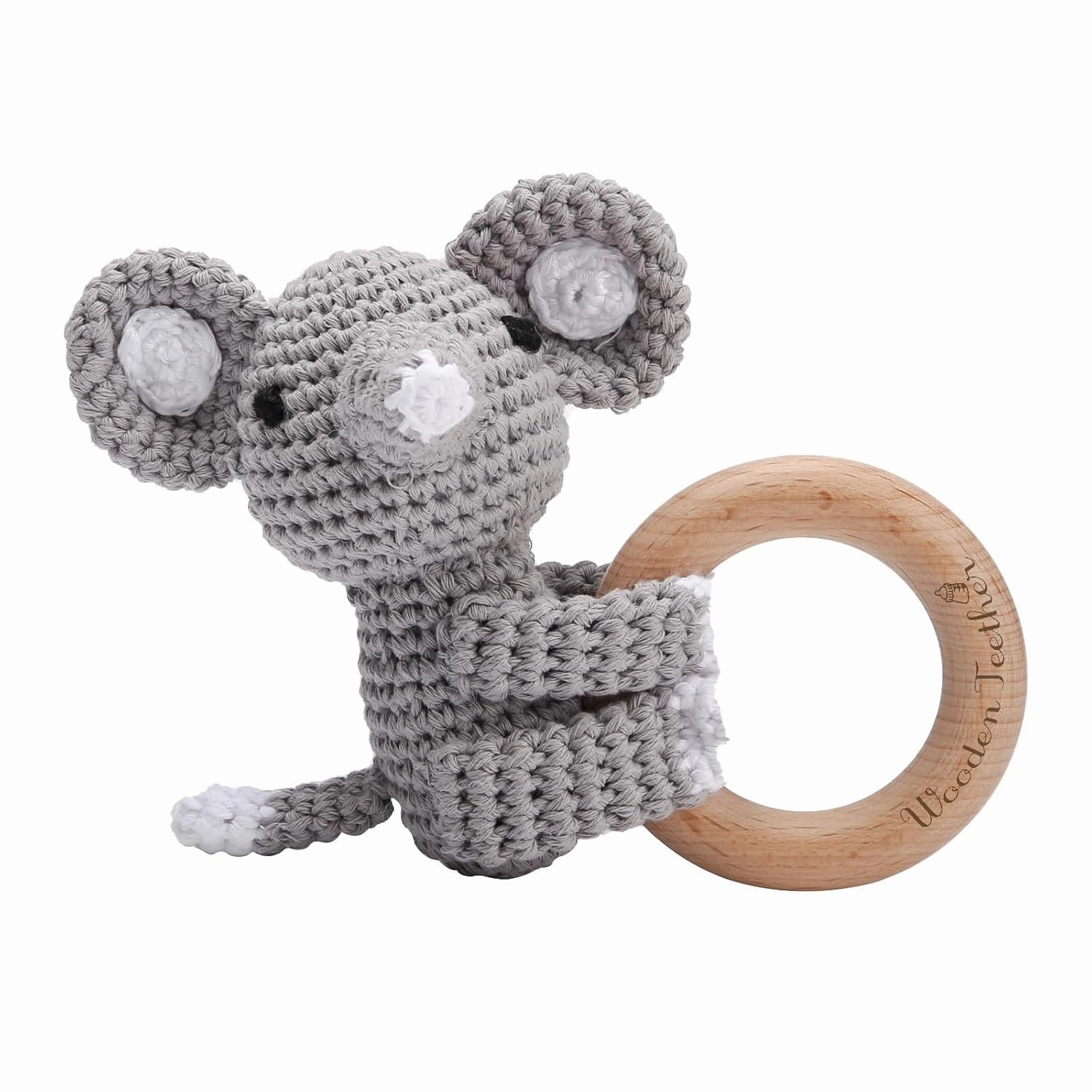 WOODEN TEETHER Crochet Baby Rattle, Crochet Baby Toys, Organic Wooden Newborn Toys, Newborn Animal Rattle Toys，Knitted Stuffed Animals Gifts for Baby, Gray Elephant