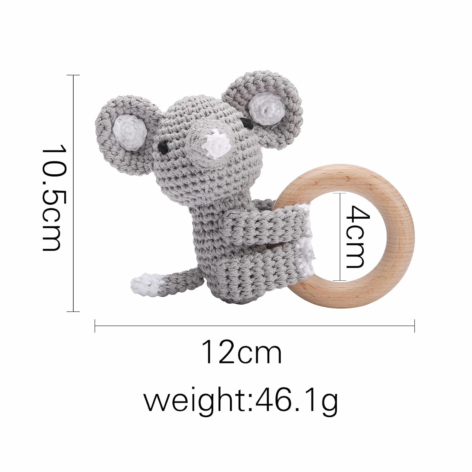 WOODEN TEETHER Crochet Baby Rattle, Crochet Baby Toys, Organic Wooden Newborn Toys, Newborn Animal Rattle Toys，Knitted Stuffed Animals Gifts for Baby, Gray Elephant