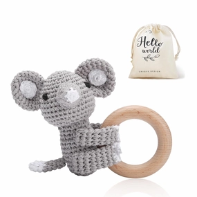 WOODEN TEETHER Crochet Baby Rattle, Crochet Baby Toys, Organic Wooden Newborn Toys, Newborn Animal Rattle Toys，Knitted Stuffed Animals Gifts for Baby, Gray Elephant