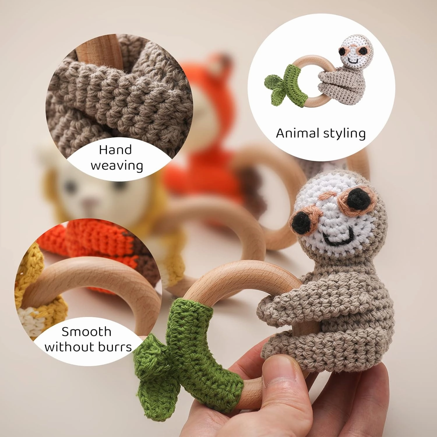 WOODEN TEETHER Crochet Baby Rattle, Crochet Baby Toys, Organic Wooden Newborn Toys, Newborn Animal Rattle Toys，Knitted Stuffed Animals Gifts for Baby, Gray Elephant