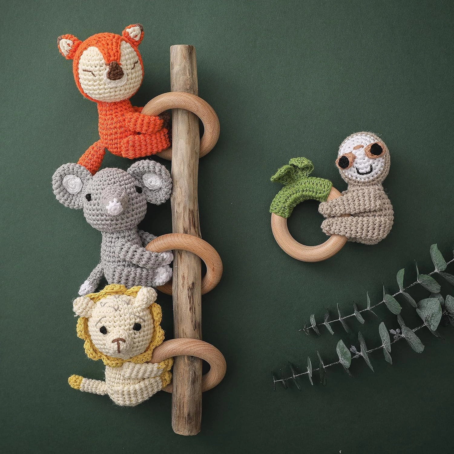 WOODEN TEETHER Crochet Baby Rattle, Crochet Baby Toys, Organic Wooden Newborn Toys, Newborn Animal Rattle Toys，Knitted Stuffed Animals Gifts for Baby, Gray Elephant