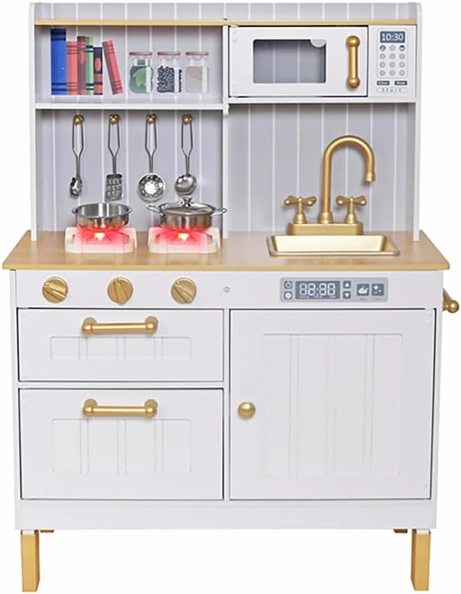 Wooden Toddlers Kitchens Playsets with 6pcs Cooking Kitchen Sets|Kids Play Kitchens with Cooking Pans,Pots,Stove&Sink|Mini Baby Kitchen Toys with Lights&Sounds for Kids Ages 3 Boys Girls…