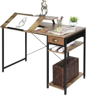 X-cosrack Drafting Table with Storage Shelves & Drawer, 43" Adjustable Art Desk with Monitor Stand for Home Office Computer, Tiltable Draft Drawing Table for Artist, Study, Writing Workstation