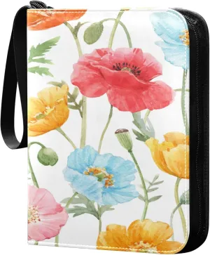 xigua Colorful Herbal Wildflower Card Binder 4-Pockets, Trading Card Binder 400 Pockets Baseball Card Binder Waterproof PU Leather Card Collection Binder for Games Card Album Card