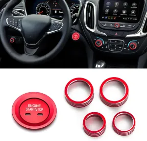 Xotic Tech AC Radio Volume Headlight Switch Knobs   Keyless Engine Push Start Button & Surrounding Ring Cover Trim Compatible with Chevrolet Equinox 2018-2023, Malibu 2016-2023 (Aluminum Alloy, Red)