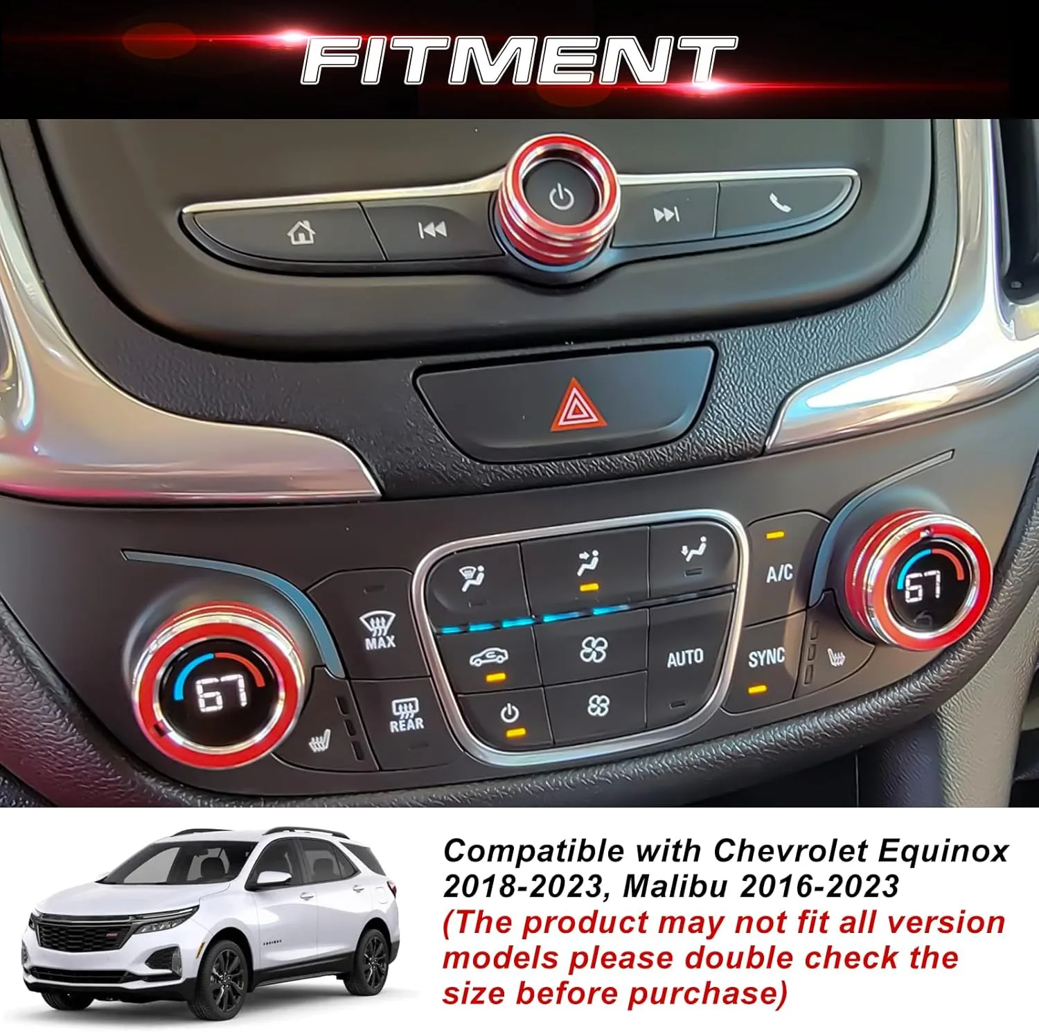 Xotic Tech AC Radio Volume Headlight Switch Knobs   Keyless Engine Push Start Button & Surrounding Ring Cover Trim Compatible with Chevrolet Equinox 2018-2023, Malibu 2016-2023 (Aluminum Alloy, Red)