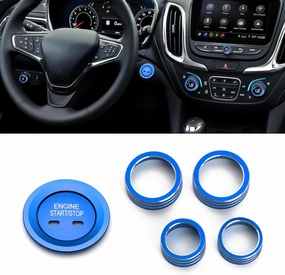 Xotic Tech AC Radio Volume Headlight Switch Knobs   Keyless Engine Push Start Button & Surrounding Ring Cover Trim Compatible with Chevrolet Equinox 2018-2023, Malibu 2016-2023 (Aluminum Alloy, Blue)