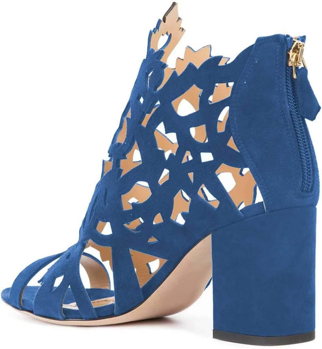 YDN Women Chic Peep Toe Chunky Mid High Heels Ankle Boots Classic Cutout Block Back Zippers Dress Party Shoes Size 4-16 US
