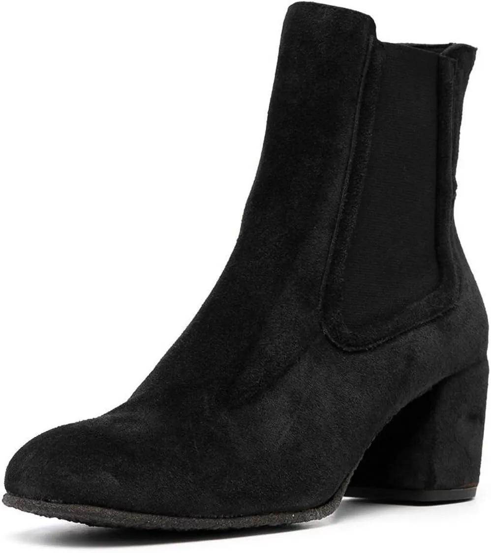 YDN Women Classic Chelsea Ankle Booties Elastic Pull On Round Closed Toe Short Boots Chunky Block Thick Mid Heel Dress Faux Suede Ladies Girls Fall Winter Daily Wear Walking Shoes