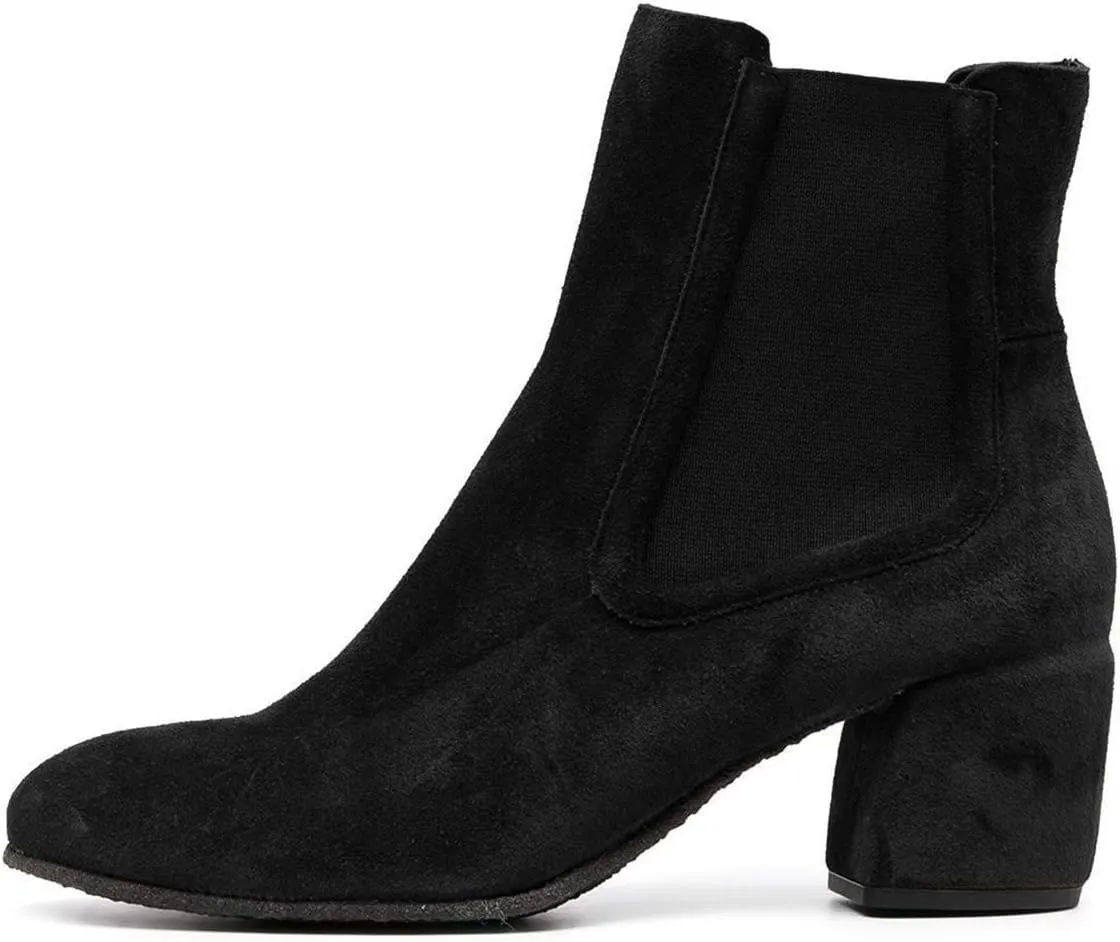 YDN Women Classic Chelsea Ankle Booties Elastic Pull On Round Closed Toe Short Boots Chunky Block Thick Mid Heel Dress Faux Suede Ladies Girls Fall Winter Daily Wear Walking Shoes