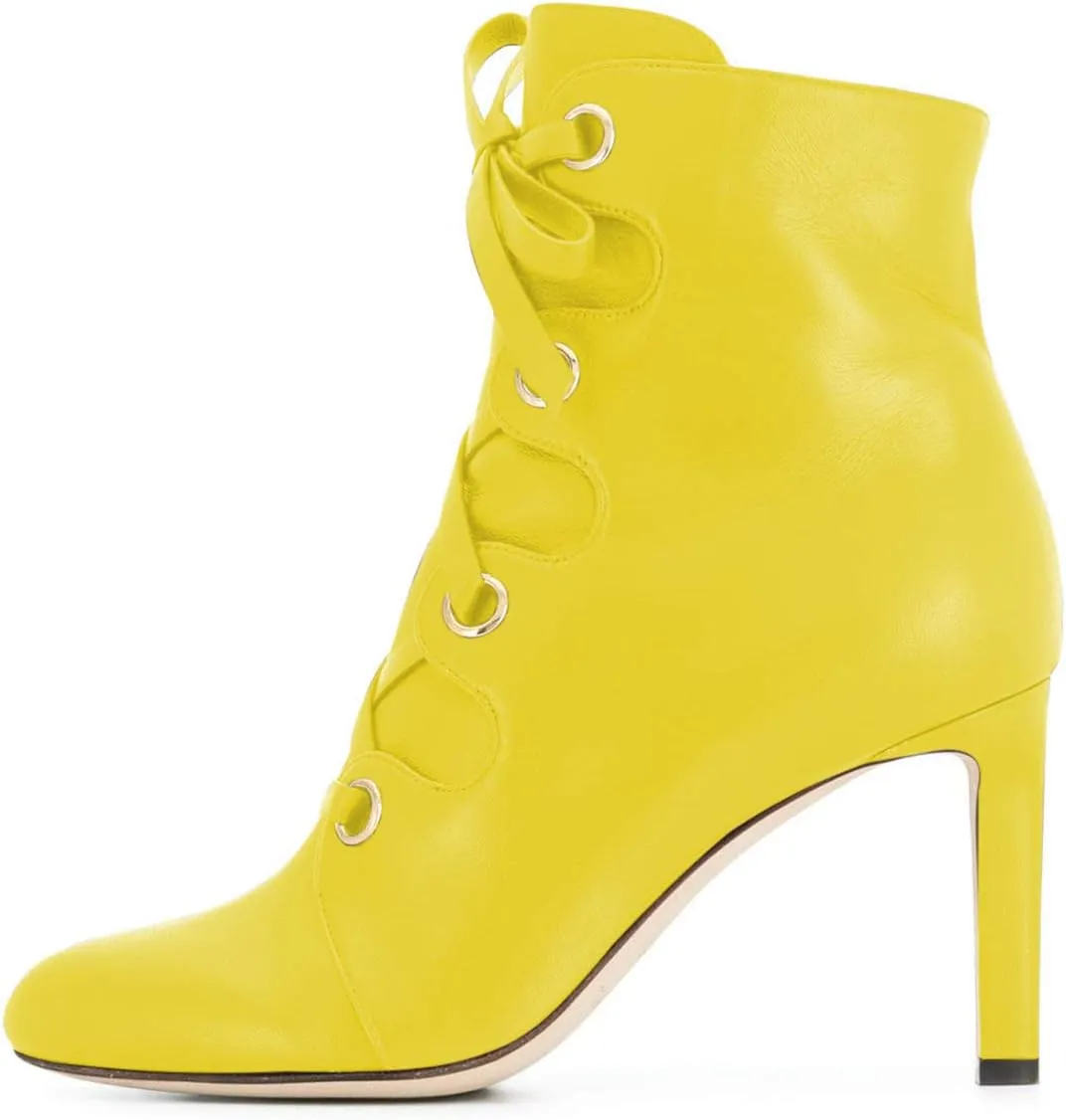 YDN Women Classic Closed Round Toe Ankle Boots Lace Up Thick High Heels Cross Straps Formal Shoes