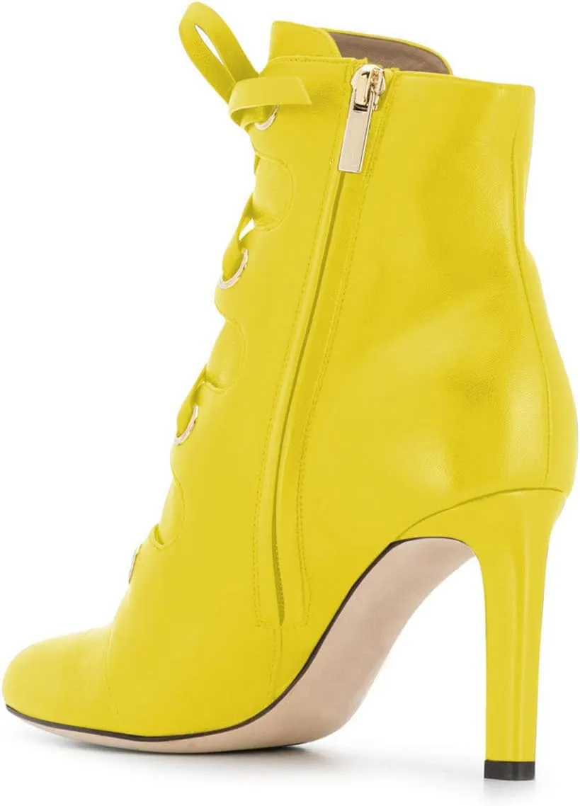 YDN Women Classic Closed Round Toe Ankle Boots Lace Up Thick High Heels Cross Straps Formal Shoes