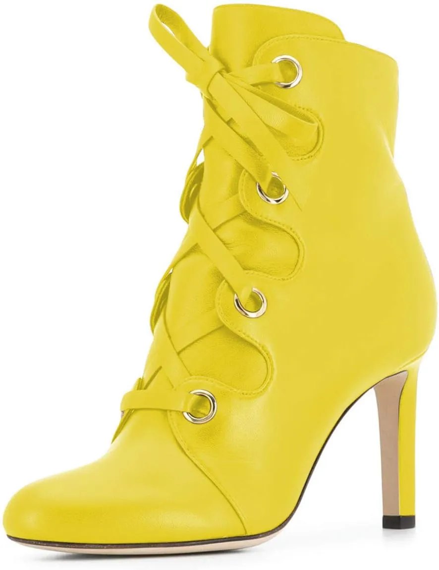 YDN Women Classic Closed Round Toe Ankle Boots Lace Up Thick High Heels Cross Straps Formal Shoes