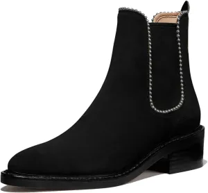YDN Women Classic Stacked Block Low Heel Chelsea Boots Pointed Toe Studs Pull On Booties Elastic Winter Shoes